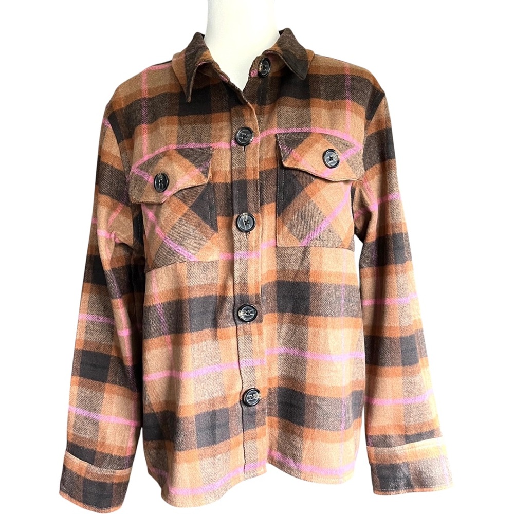 BB Dakota Steve Madden Jacket Size L Plaid Chocolate Pink Shacket Bella Swan